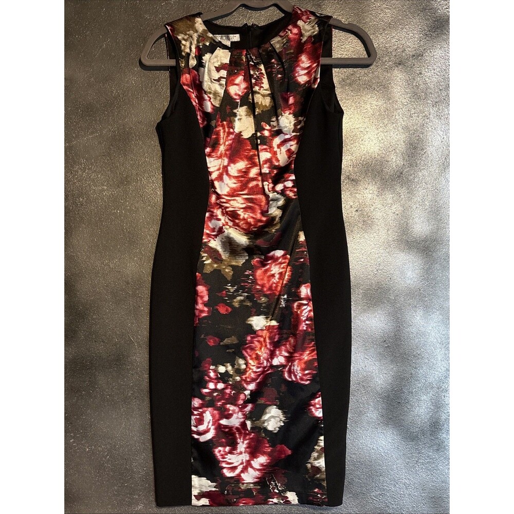 London Style Black Red Floral Sleeveless Bodycon Dress 4P Career Date Night
